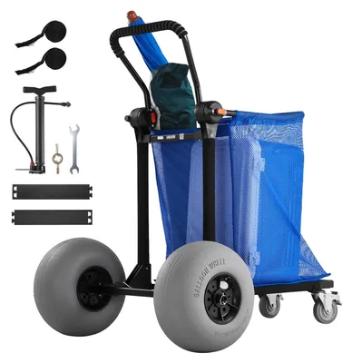 Obrázok produktu pre VEVOR Plážový vozík s veľkými kolesami na piesok, nosnosť 75 kg, robustný, skladací plážový vozík s 320 mm nafukovacími kolesami, úložná taška, nastaviteľná rukoväť (180°) a príslušenstvo vhodné na kempovanie, rybárčenie a záhradu