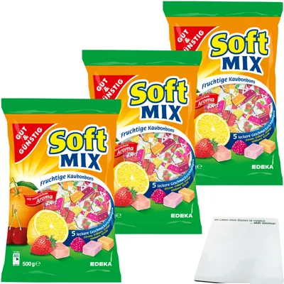 Produktbild von Gut & Günstig Softmix fruchtige Kaubonbons in 5 leckeren Sorten 3er Pack (3x500g Packung) + usy Block