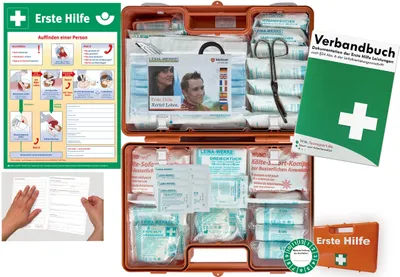 Produktbild von Verbandskoffer/Verbandskasten (G) -Paket 2- Erste Hilfe aktuelle DIN 13169 für Betriebe -DSGVO- INKL. PERFORIERTEM VERBANDBUCH + Aushang Erste Hilfe