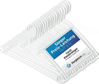 A stack of white plastic hangers, with a label showing a "Sieger Preis-Leistung" (Winner Price-Performance) award.