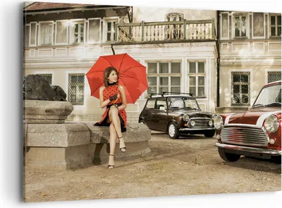 Produktbild von Bild auf Leinwand - Leinwandbild - Attraktiv Frau Spaziergang Regenschirm - 100x70cm - Wand Bild - Wanddeko - Leinwanddruck - Bilder - Kunstdruck - Leinwand bilder - Wandkunst - AA100x70-2384