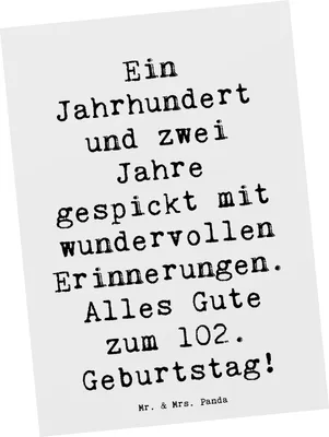 Produktbild von Mr. & Mrs. Panda Postkarte Spruch 102. Geburtstag - Weiß - Geschenk, Ansichtskarten, Glückwunsch, besonderes Alter, Jubilar, wundervolle Erinnerungen, Ansichtskarte