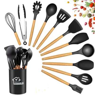 Immagine prodotto di Set di accessori da cucina da 12 pezzi: utensili da cucina in silicone con manici in legno