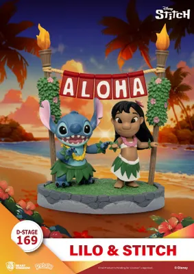 Lilo and Stitch figures on a beach diorama with an 'Aloha' banner.