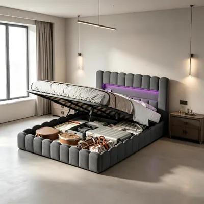Produktbild von INONEFT Polsterbett 180x200, Doppelbett Bubble Bett mit LED und USB Ladefunktion Kopfteil, Boxspringbett mit hydraulisches Bettkasten, Leinen, Grau
