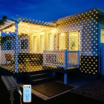 Produktbild von Ikodm LED Solar Lichternetz 3x2M Warmweiß Lichterkette Weihnachtsbeleuchtung Lichtervorhang Party Deko 8 Lichtmodi 240 LEDs