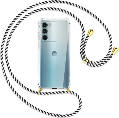 Produktbild von Handykette Backcover-Schutzhülle mit Band (Metall goldfarben) für Motorola Moto G200 5G - schwarz/weiß gestreift