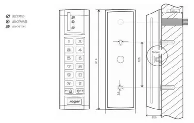 Imagen del producto de Lector de acceso RFID ROGER MCT12E con teclado, 12 V DC