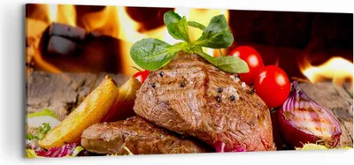 Produktbild von Bild auf Leinwand - Leinwandbild - Essen Holz Feuer Steak - 120x50cm - Wand Bild - Wanddeko - Leinwanddruck - Bilder - Kunstdruck - Wanddekoration - Leinwand bilder - Wandkunst - AB120x50-2825
