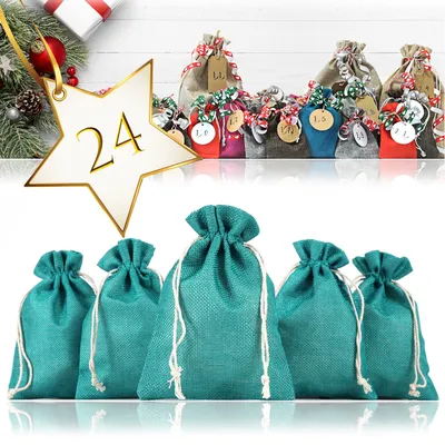 Produktbild von 24er Set Jutesäckchen für Adventskalender zum selbst befüllen, 17,5cm x 12,5cm, Jutebeutel, Stoffbeutel, Natur Säckchen, Geschenksäckchen, Sack, Beutel – (Dunkelgrün)