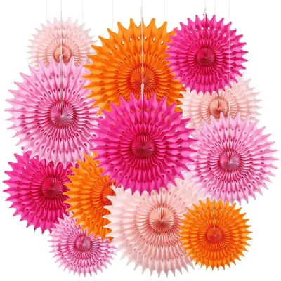 Image de Ensemble de 12 éventails en papier, couleurs orange, rose et pêche, pour décoration suspendue, idéal pour fêtes, anniversaires d'enfants, mariages et fêtes prénatales