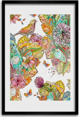 Produktbild von Bild - Bilderrahmen - 40 cm x 60 cm - MDF - Rahmen - Wandkunst - Vögel Schmetterlinge Blumen
