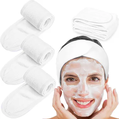 Produktbild von 4 Pcs Kosmetik Stirnband Haarband für Make Up, Haarbander Frottee mit Klettverschluss für Bad Yoga Sport und Gesichtsreinigung (Weiß)
