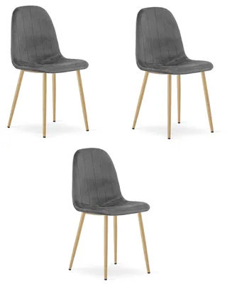 Image de Chaise - Leobert - Padva - Velours Gris Foncé/Pieds Chêne - 44,5 X 53 X 87 Cm - Lot De 3