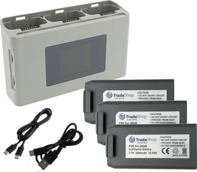 Produktbild von Trade-Shop 4in1 Set: 3x Li-Polymer Akku 2500mAh + Triple USB-C Ladegerät Powerbank kompatibel mit DJI Mini 2 SE, Mavic Mini 2, Mini 4K Drohne