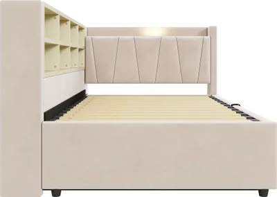 Obrázek produktu pro Denní postel 90×200 s nočním světlem a úložným prostorem, čalouněná postel s USB a USB-C,dětská postel s úložnými přihrádkami,béžová,bez matrace
