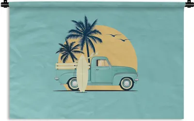 Produktbild von MuchoWow® Wandteppich Wandbehang Bus - Surfbrett - Sommer - Zeichnung 60x40 cm Tapisserie Dekoration Wandtuch - Wanddekorationen