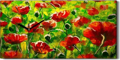 Produktbild von Dekor Leinwand Uhr Wandbilder Kunstdruck 60x30 Mohnfeld und Berge Kunst - schwarze Hände