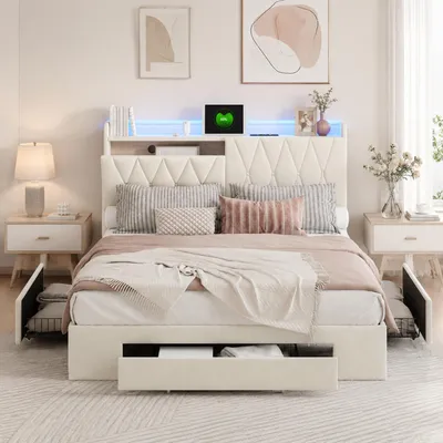 Obrázok produktu pre INONEFT Posteľ pre mládež, dvojlôžko, 140x200 cm, čalúnená posteľ s LED osvetlením a USB-C portom, posteľ s úložným priestorom a 3 zásuvkami, rošt a zásuvky, materiál: zamat, farba: béžová