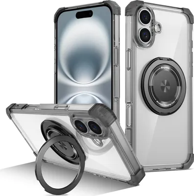 Image de Etui pour iPhone 16 anneau magnétique, support, compatible MagSafe, protection militaire, étui transparent noir