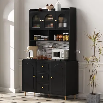 Image de Merax Armoire de cuisine, Buffet Armoire haute avec 3 tiroirs, Porte en verre, Planche perforée, Armoire Buffet pour Cuisine Et Salle à manger, Salon, Noir