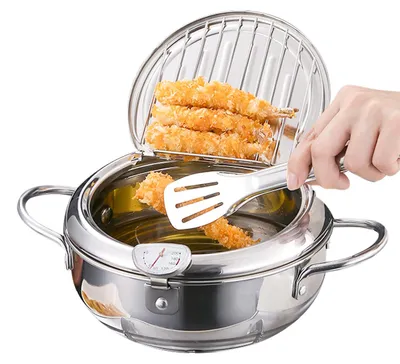 Produktbild von Frittiergerät für Herren – Mini-Tempura-Frittiergerät im japanischen Stil – Edelstahl 304 – 24 cm – Mit Thermometer und Deckel