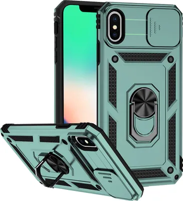 Image de Coque pour iPhone XS / iPhone X à double couche avec couvercle coulissant pour appareil photo et support annulaire vert