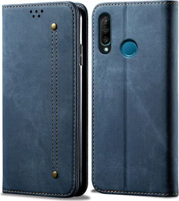 Produktbild von Huawei P30 Lite Hülle, LaimTop Denim Leder Brieftasche Magnetverschluss Flip Bookstyle Schutzhülle mit Standfunktion für Huawei P30 Lite Blau