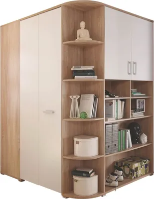 Produktbild von Eck-Kleiderschrank - 146 x 198 cm - Eiche Sonoma Nachbildung - Weiß - 3 Türen und 1 faltbare Schiebetür