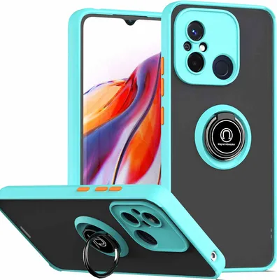 A phone case with a ring holder is shown from multiple angles.