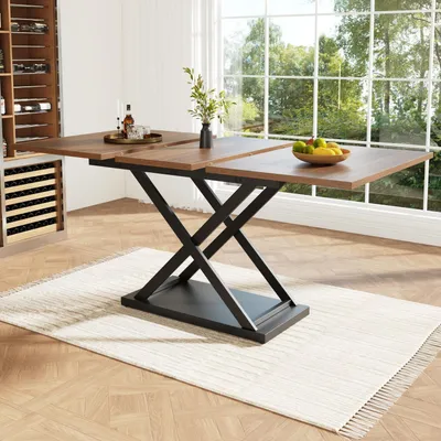 Obrázek produktu pro Rozkládací obdélníkový jídelní stůl, rozměry 120-160 x 80 x 75 cm, barva černá/nerezová ocel, s křížově umístěnými kovovými nohami