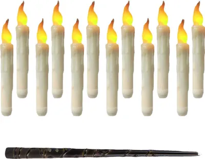 Produktbild von 12 Stück Schwebende LED Kerze mit Zauberstab, Flammenlose Schwimmende LED Stabkerzen Fernbedienung Warmweiß Licht Flackernde Flamme für Party Halloween