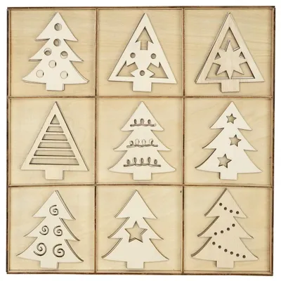 Holz-Streudekoration 27-tlg. Weihnachten Tannenbäume Wintermotive