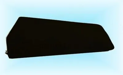 A black wedge-shaped cushion on a light blue background.