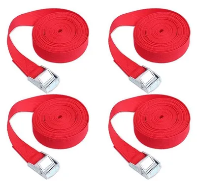 Zdjęcie produktu dla 4 sztuki pasów napinających, czerwone, 1m x 50mm, regulowane, do zabezpieczania ładunków, bagażu, samochodów ciężarowych i motocykli