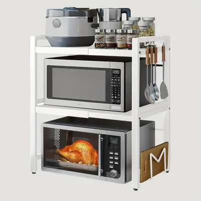 Immagine prodotto di portarifiuti per microonde a 3 livelli, bianco, estensibile con 6 ganci, regolabile in altezza e lunghezza 40-64 cm - portaspezie, supporto per microonde
