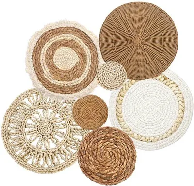 Produktbild von Ibenzoa® Set mit 7 handgefertigten Boho-Wandkörben aus Wasserhyazinthe & Muschelschalen – natürliche Wanddekoration für Wohnzimmer, Schlafzimmer, Esszimmer