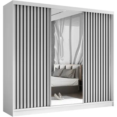 Produktbild von Schwebetürenschrank HELIX II 240 cm Weiß/Schwarz – 3-türig Kleiderschrank mit Schubladen, Lamellen & Spiegel & Schiebetüren