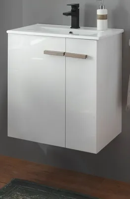 Produktbild von Waschtisch Set "Dense" in weiß Lack Hochglanz und Eiche inkl. Waschtisch hängend