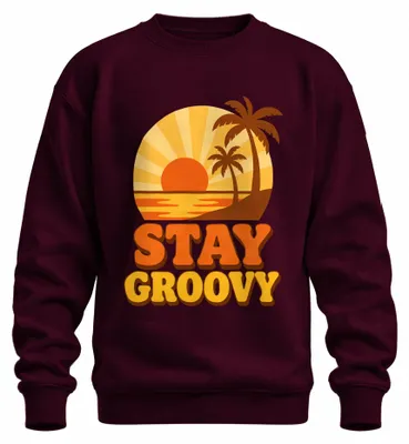 Obrázok produktu pre Tričko s dlhým rukávom, motív: "Stay Groovy", západ slnka, palmy, pláž, vintage štýl, vhodné na dovolenku, farba: bordová, veľkosť: S