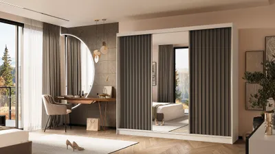 Produktbild von ALTDECOR Kleiderschrank mit Spiegel und Schiebetüren, kugelgelagerte Führungsschienen und Aluminium-Leisten - LAMELO - 240 cm - Weiß/Grau/Grau