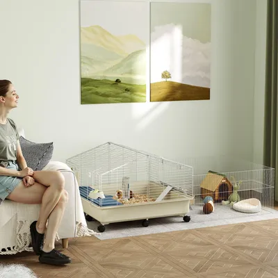 Zdjęcie produktu dla Przestronna klatka dla gryzoni, idealna dla świnek morskich i jeży | Kolor: brązowy, srebrny | Wymiary: 88x173x63 cm