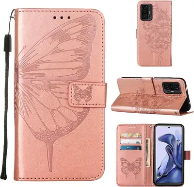 Obrázek produktu pro Xiaomi 11T Pro Pouzdro, Motýlí Reliéf Flip Kožené Pouzdro s Kapsami na Karty a Stojánkem pro Xiaomi 11T／11T Pro 5G Růžové zlato
