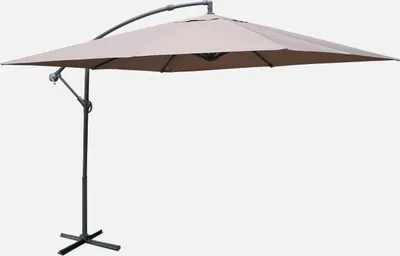 A taupe cantilever umbrella on a white background.