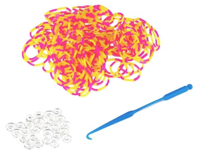 Produktbild von Mucola Loom Bänder Gelb zweifarbig pink/gelb 200 Stück – DIY Gummibänder für Armbänder, kompatibel mit allen Loom-Boards, reißfest & elastisch, Bastelspaß für Kinder & Erwachsene