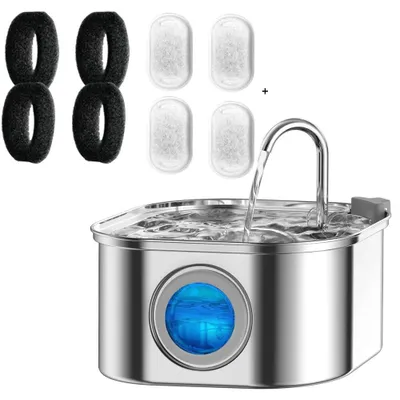 Obrázok produktu pre Automatický napájadlo pre mačky a psy - objem 3,2 l - nerezová oceľ - tichá pumpa s LED osvetlením - s 4 filtračnými vložkami - napájadlo pre domáce zvieratá, 4 filtre
