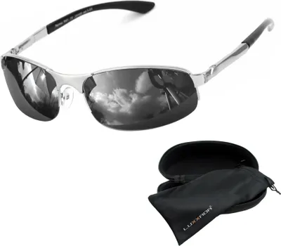 Produktbild von Sportliche Herren Sonnenbrille schmal Metall Edelstahl Gestell mit Federgelenke UV400 Oval Schwarz Getönt Brillenbox