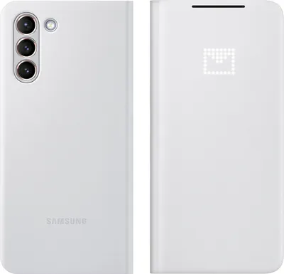 A white Samsung phone case is shown from the back and front.
