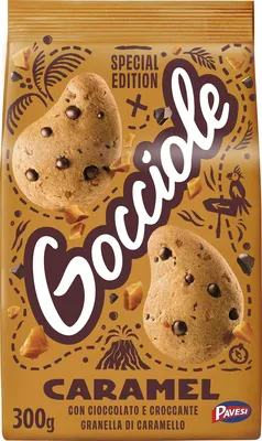 Produktbild von Pavesi Gocciole Caramel Kekse mit knuspriger Schokolade und Karamellkörnern 300g