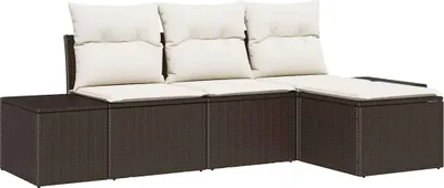 Image de Ensemble de salon de jardin vidaXL, 4 pièces, marron et crème, en polyrotin
